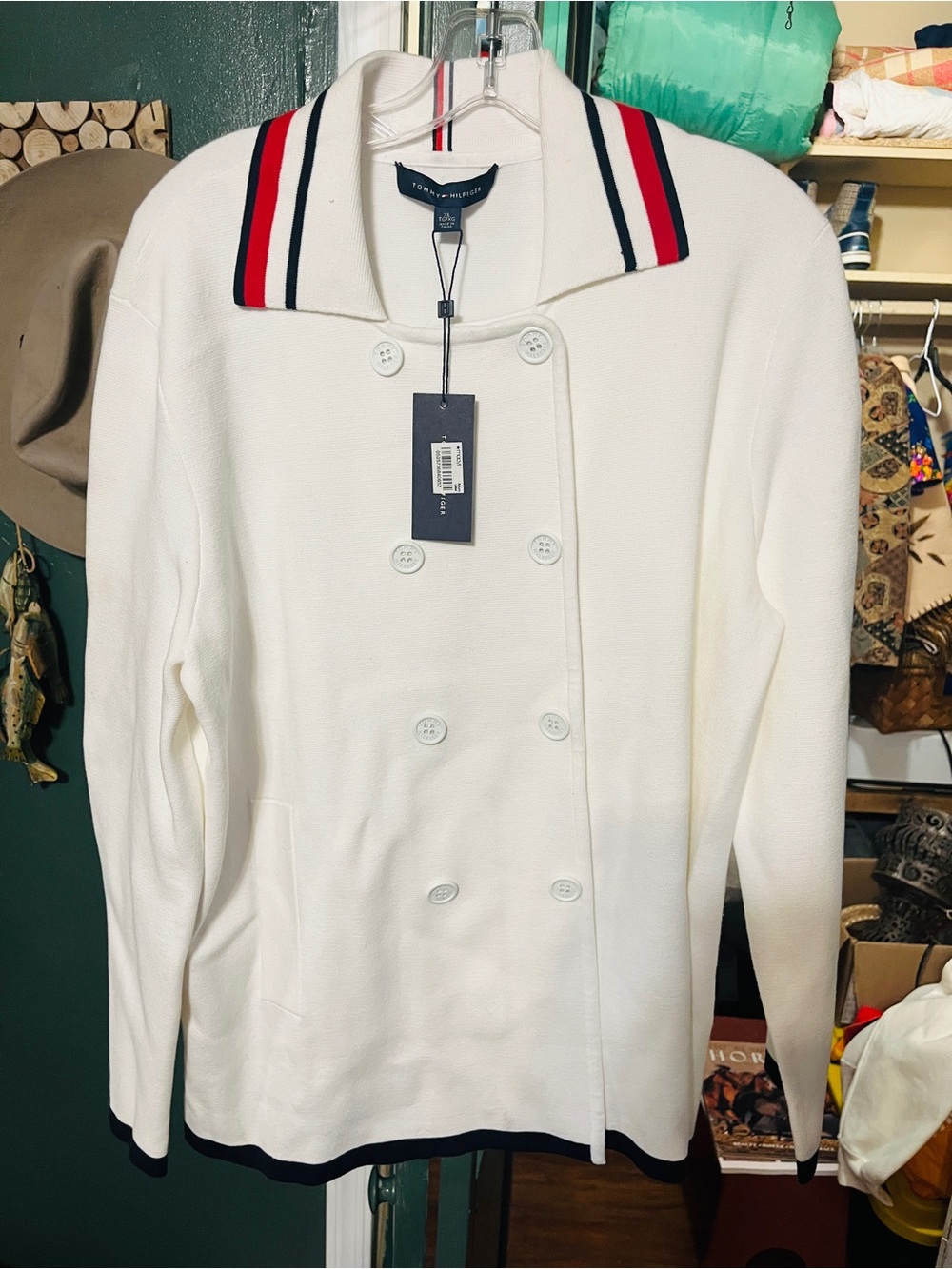 Tommy Hilfiger White Knit Top with Red & Navy Signature Stripe